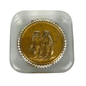 Vintage Paperweight Square Glass Bottle Cap Style Impressed Bear Art, Office